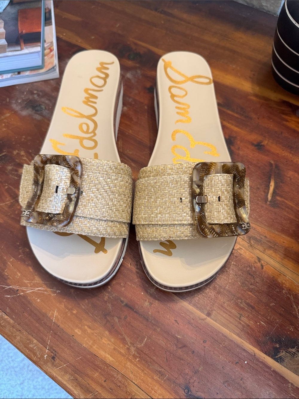 Sam Edelman Gold Woven Buckle Slide Sandals